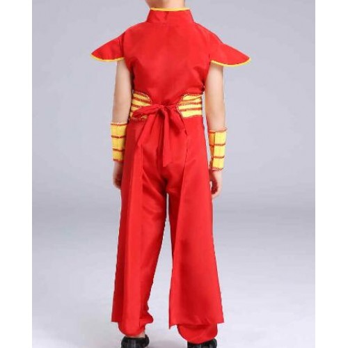 Red boy's dragon drummer performance costumes kids children stage performance competition martial arts dancing robes